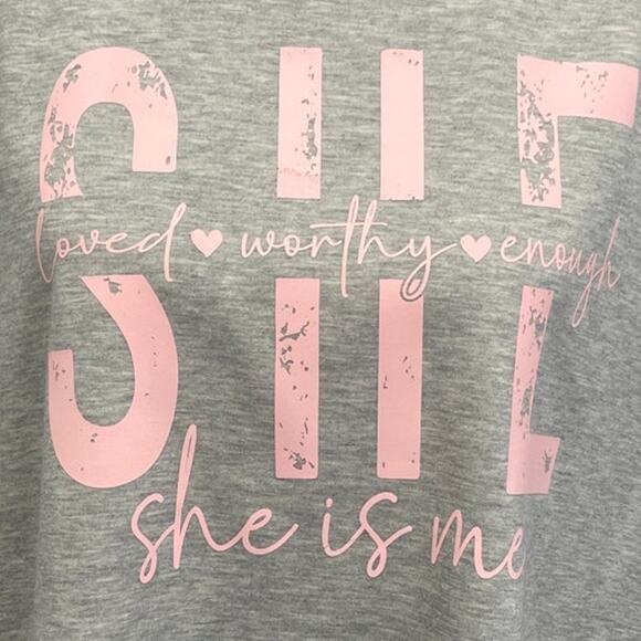 Hand Printed Upcycled Womens XL She Is Me Loved Worthy Enough Bell Sleeve Top - Picture 2 of 5